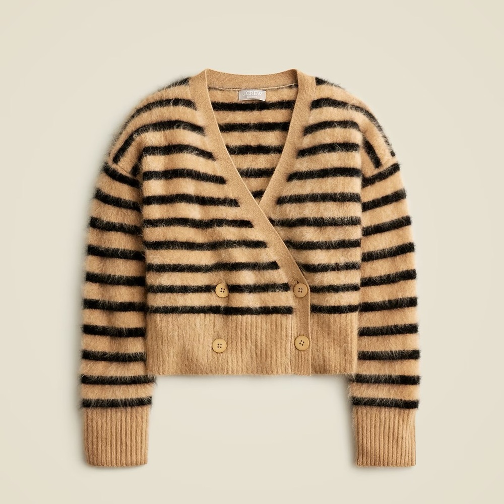 J. Crew Camel and Black Striped Brushed Cashmere Cardigan